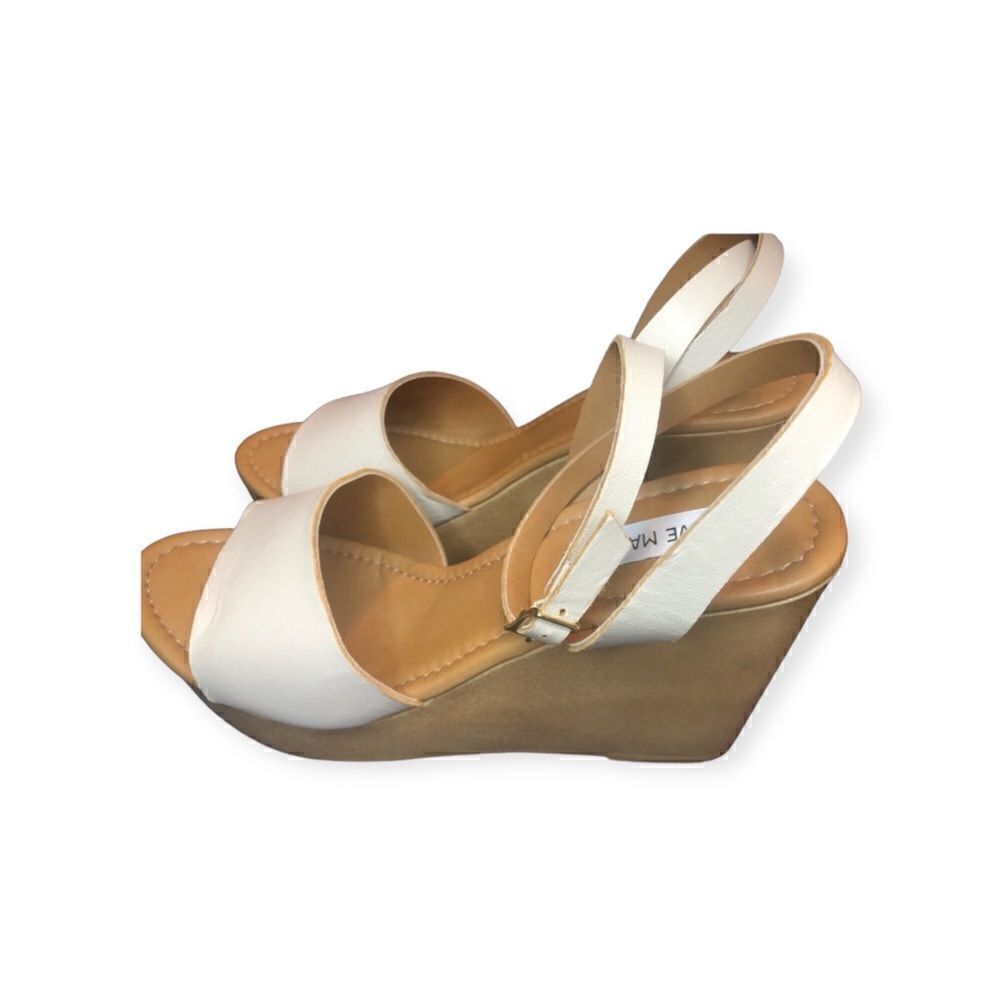 NWT Steven MaddenCream Beige Leather Sandals Open Back Cross Straps Wide Wedge